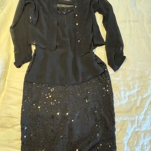LOFT Elegant Black Sequin Skirt, Sheer Top and camisole both sequin details.